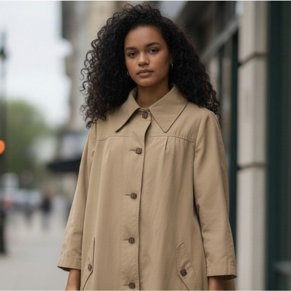 Vintage 1970s Gucci Tan A-Line Coat with Enamel Buttons, Size 50